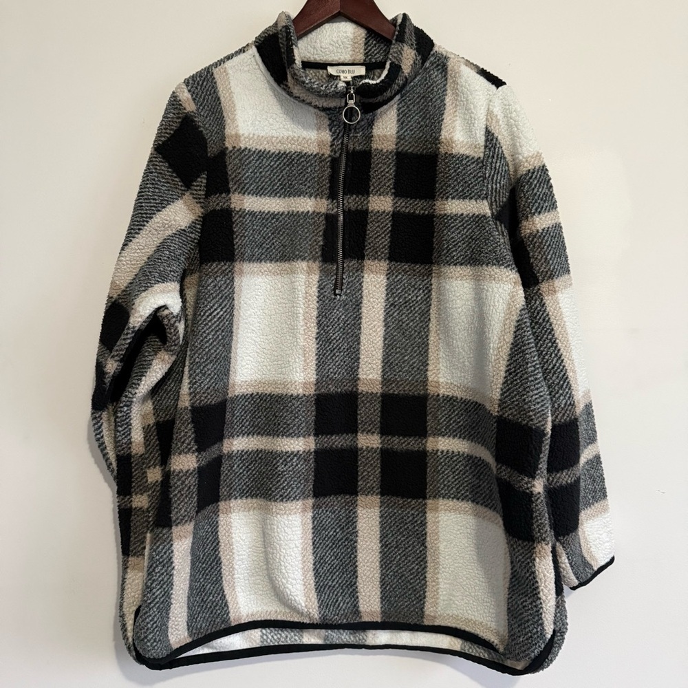 Oversized Plaid Quarter-Zip Cozy Fleece Sweater